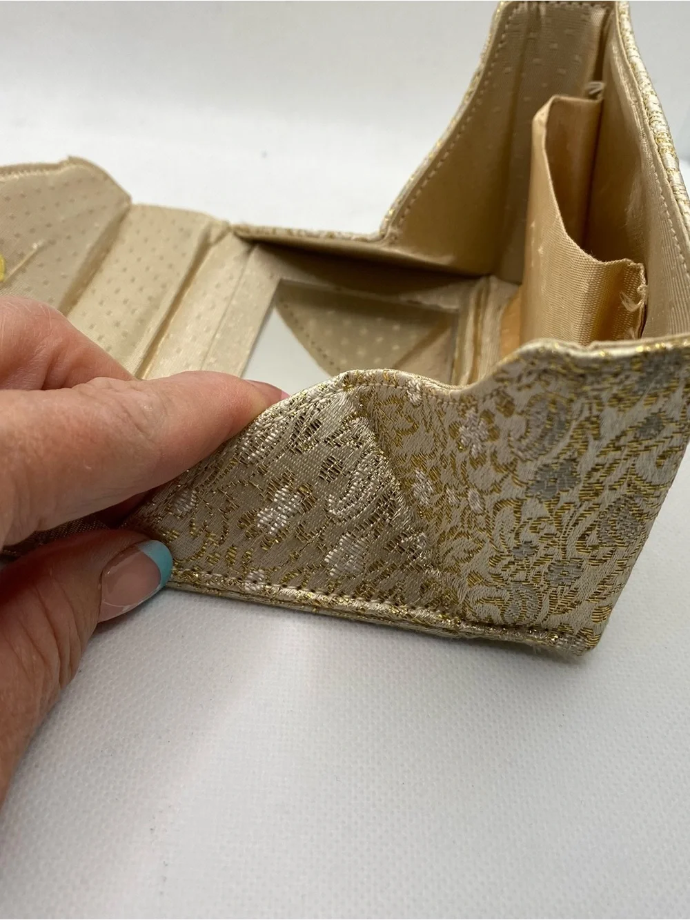 Vintage Gold Brocade Vanity Purse Evening Bag Built In Mirror Mid Century